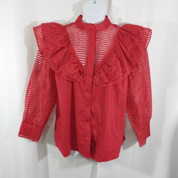 ASHLEY STEWART! RIPE ROUGE REF SHEER STRIPED, RUFFLED POUF SLEEVE BLOUSE! SZ 18 - Picture 2 of 8